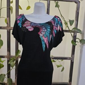 Black Sequin Wing Design Top